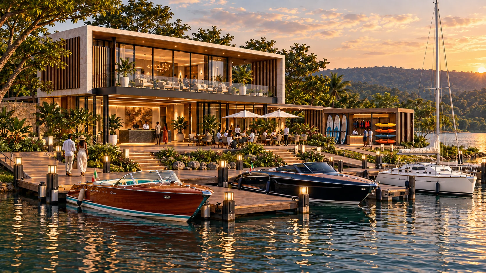 Clubhouse, reception and marina — architectural illustration