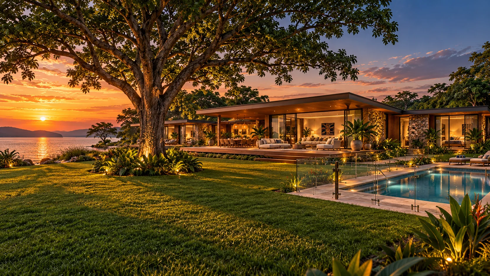 A family lodge, private pool and garden centred on a great tree — architectural illustration