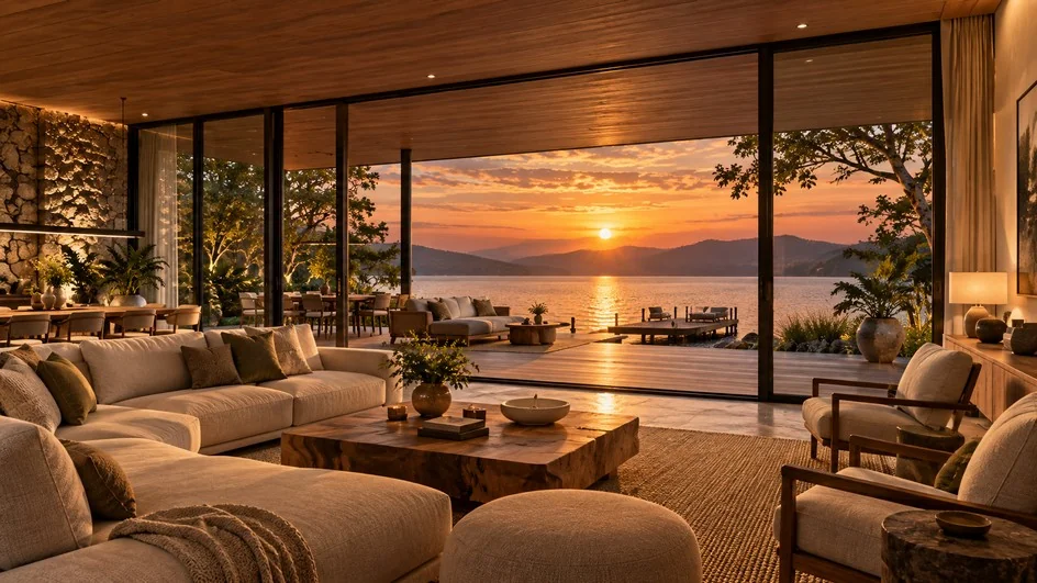 Living spaces that open to the lake — architectural illustration
