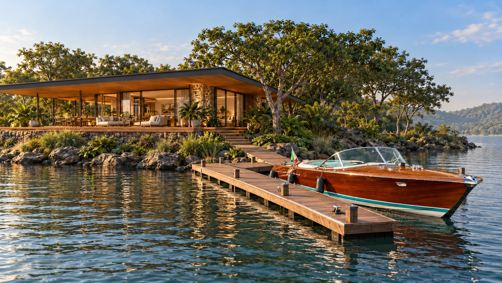 An open landing by the lake — architectural illustration