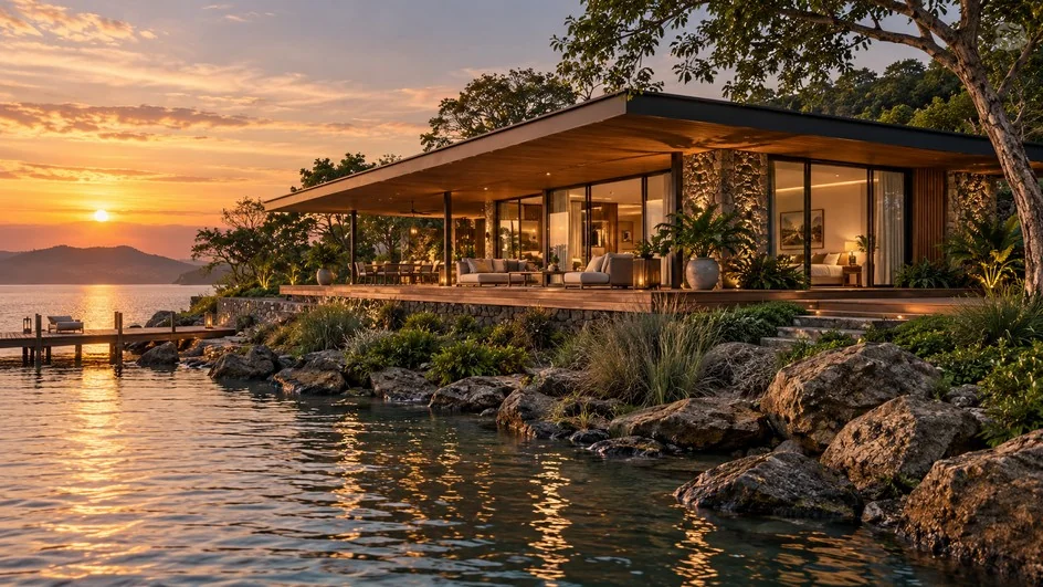 A single-storey pavilion in evening light — architectural illustration