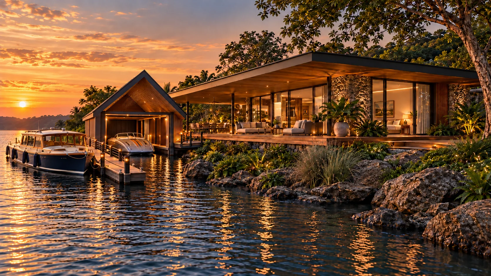 A boathouse and covered launch — architectural illustration