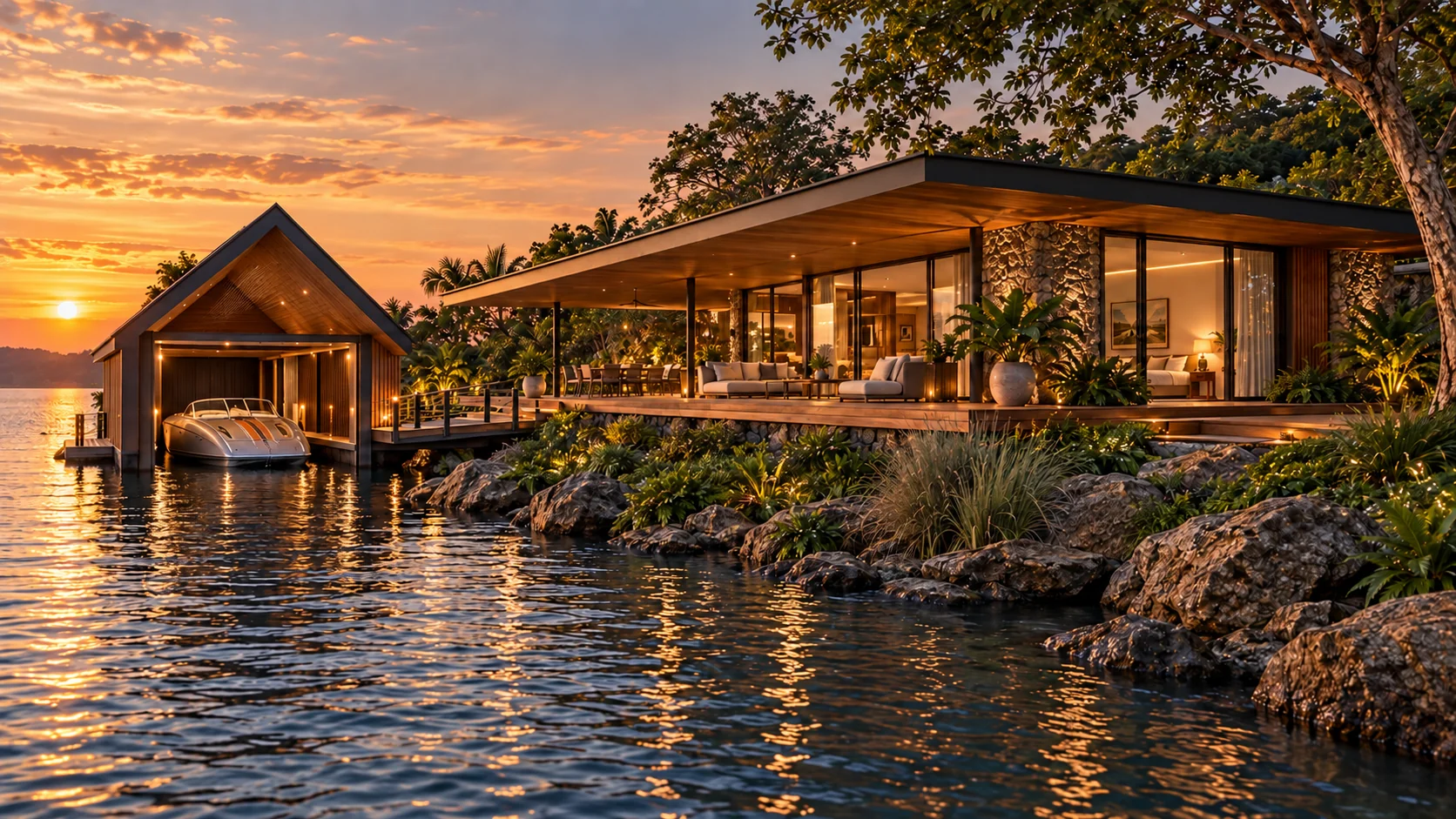 A sheltered boathouse by the cabin — architectural illustration