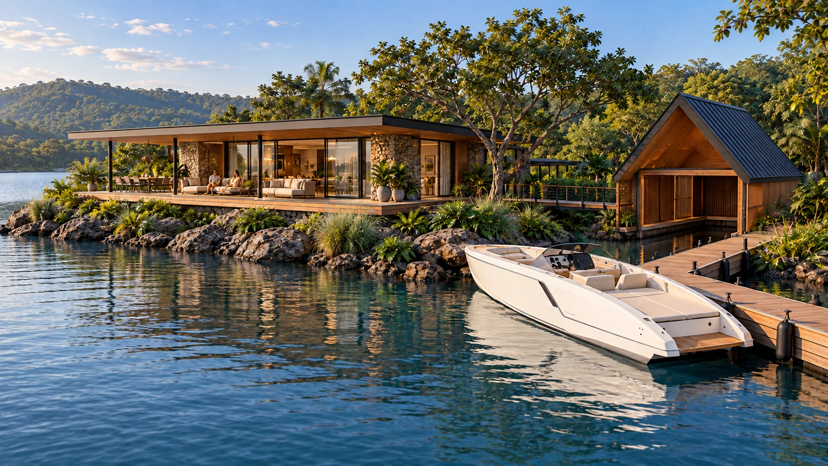 A boathouse set into the shoreline — architectural illustration