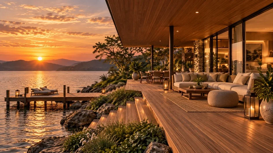 Room to linger on the deck — architectural illustration